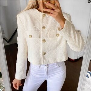 ZARA Cream Tweed Cropped Blazer Jacket Gold Button Lined NWOT Size Medium